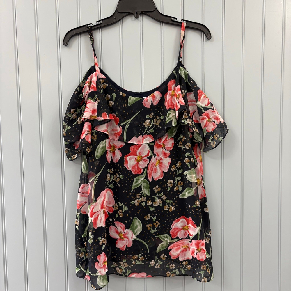 Cabi Black Pink Floral Cold Shoulder Blouse M